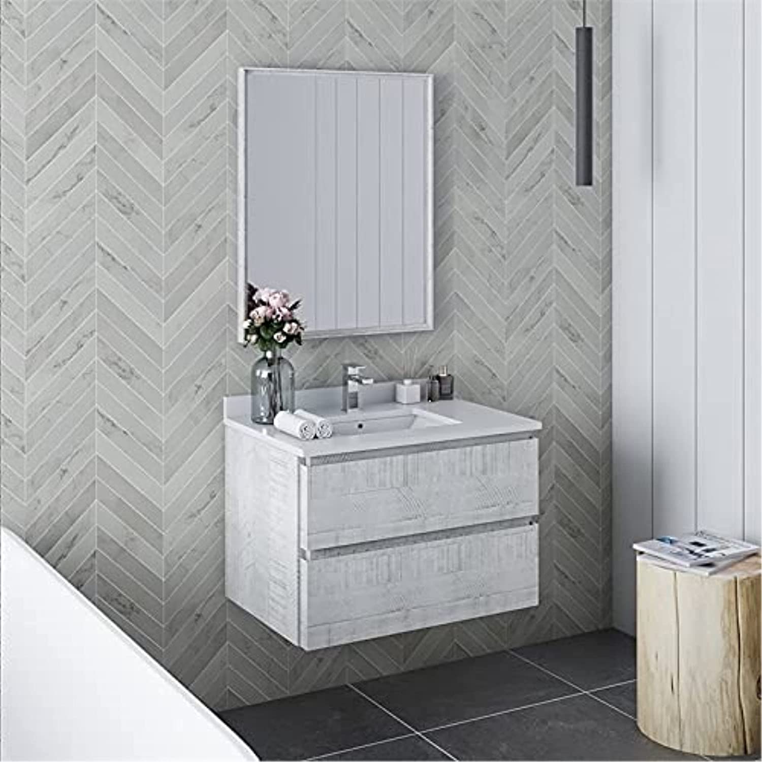 Fresca Formosa 30&#34; Wall Hung Modern Bathroom Vanity w/Mirror in Rustic White