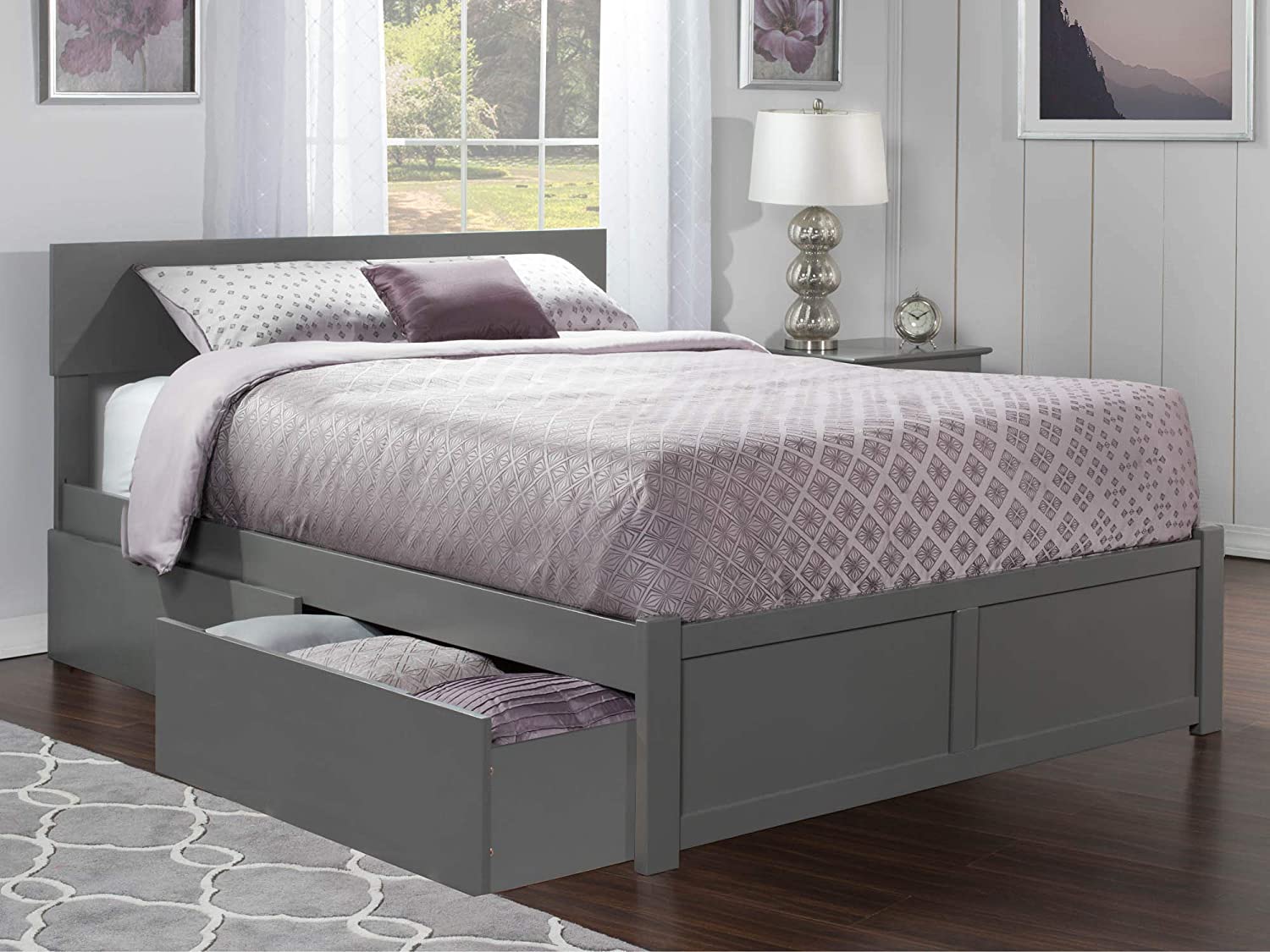 Orlando King Platform Bed with Flat Panel Footboard and Turbo Charger with Urban Bed Drawers in Grey