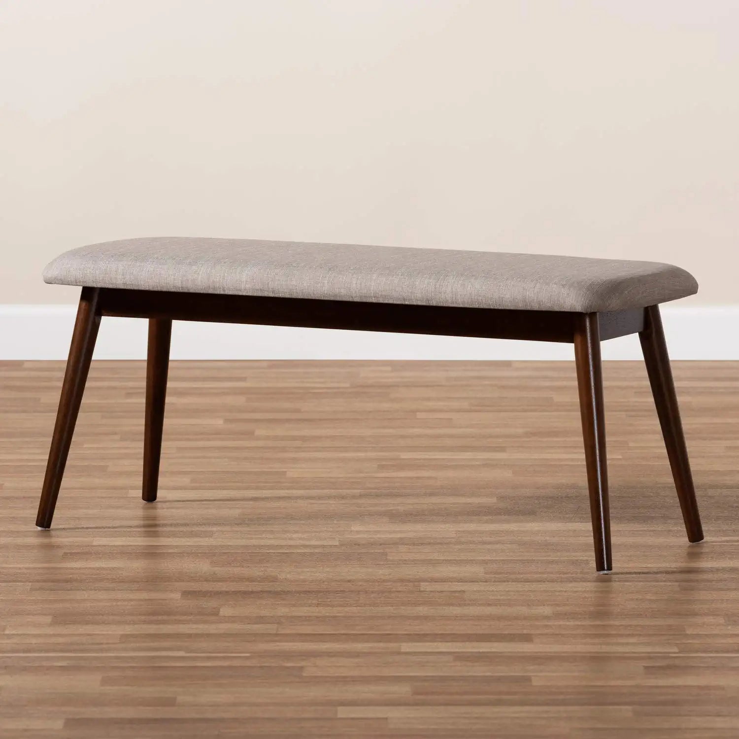 Baxton Studio Flora Mid-Century Modern Light Grey Fabric Upholstered Walnut Finished Wood Dining Bench