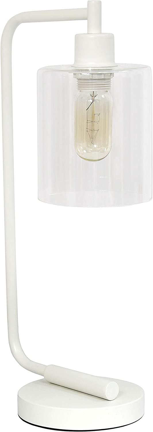 Simple Designs LD1036-WHT Bronson Antique Style Industrial Iron Lantern Glass Shade Desk Lamp, 9"L x 5.75"W x 19"H, White