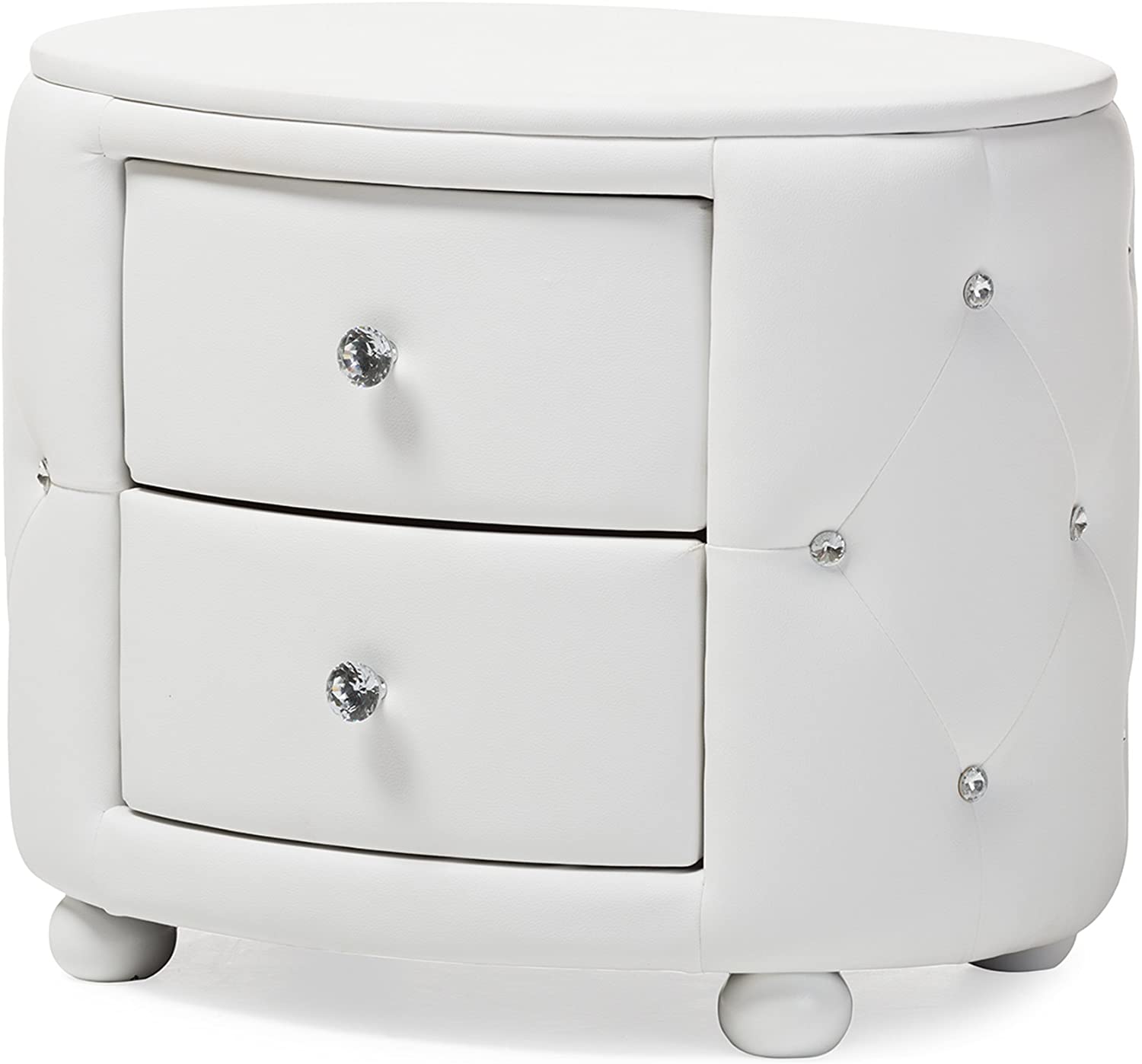 Baxton Studio Davina Hollywood Glamour Style Oval 2-Drawer Faux Leather Upholstered Nightstand, Medium, White