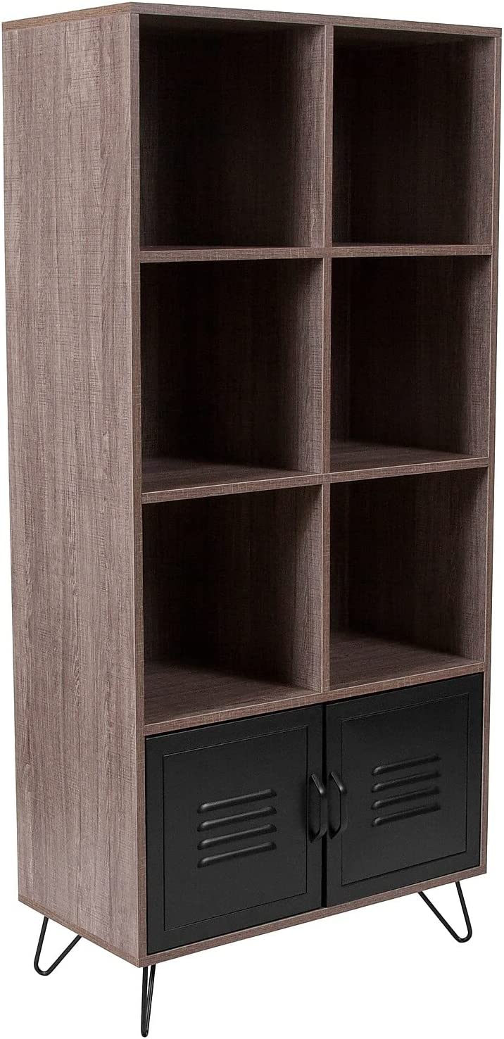 Flash Furniture Woodridge Collection 59.25&#34;H 6 Cube Storage Organizer Bookcase with Metal Cabinet Doors and Metal Legs in Rustic Wood Grain Finish