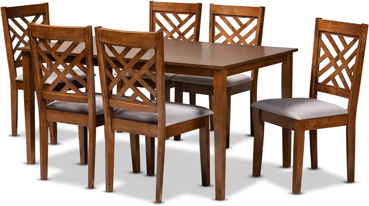 Baxton Studio Caron Modern and Contemporary Grey Fabric Upholstered and Walnut Brown Finished Wood 7-Piece Dining Set