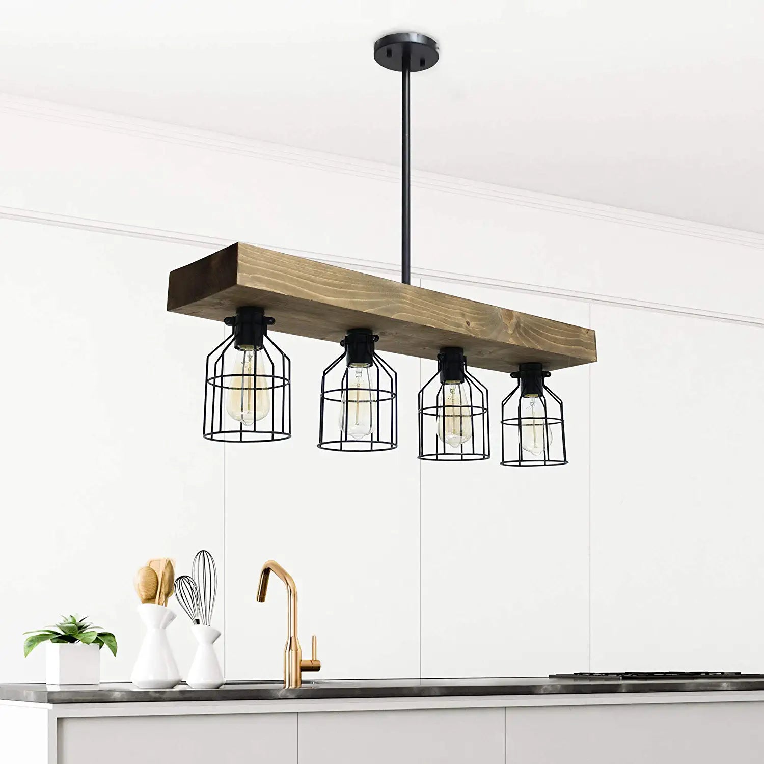 Lalia Home 4 Light Rustic Farmhouse Pendant with Restored Wood Beam and Matte Black Metal Cage Shade