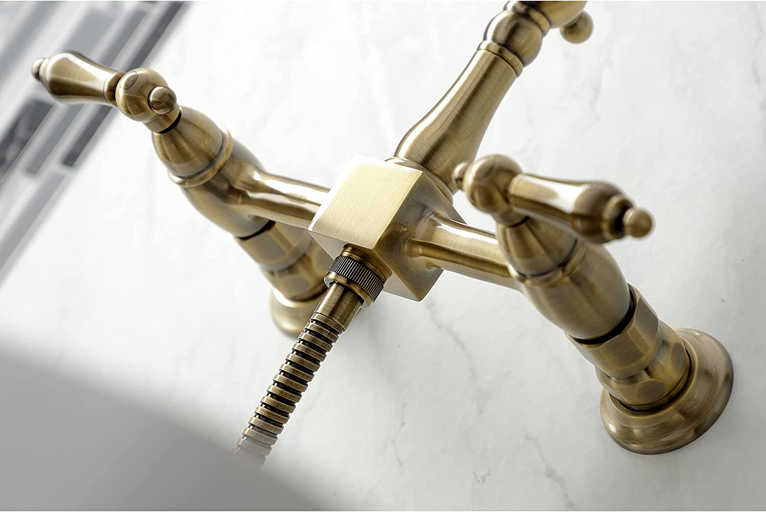 Kingston Brass KS1263ALBS Heritage Bridge Kitchen Faucet, Antique Brass