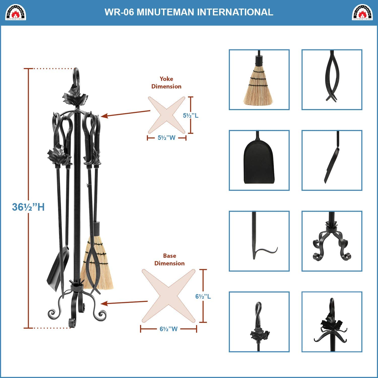 Minuteman International Maple Leaf 5-piece Wrought Iron Fireplace Tool Set, Graphite