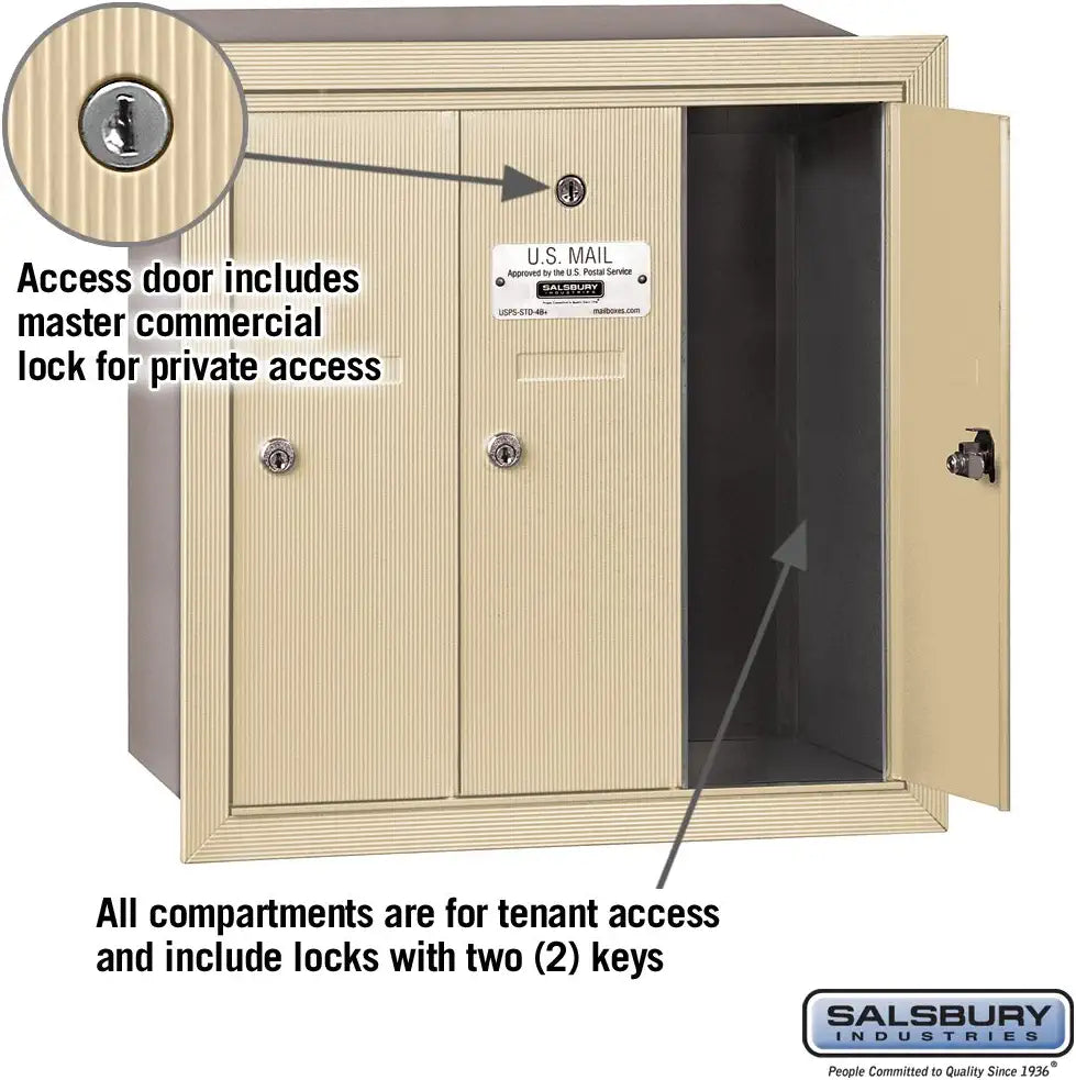 Salsbury Industries 3503SRP Recessed Mounted Vertical Mailbox with Master Commercial Lock, Private Access and 3 Doors, Sandstone