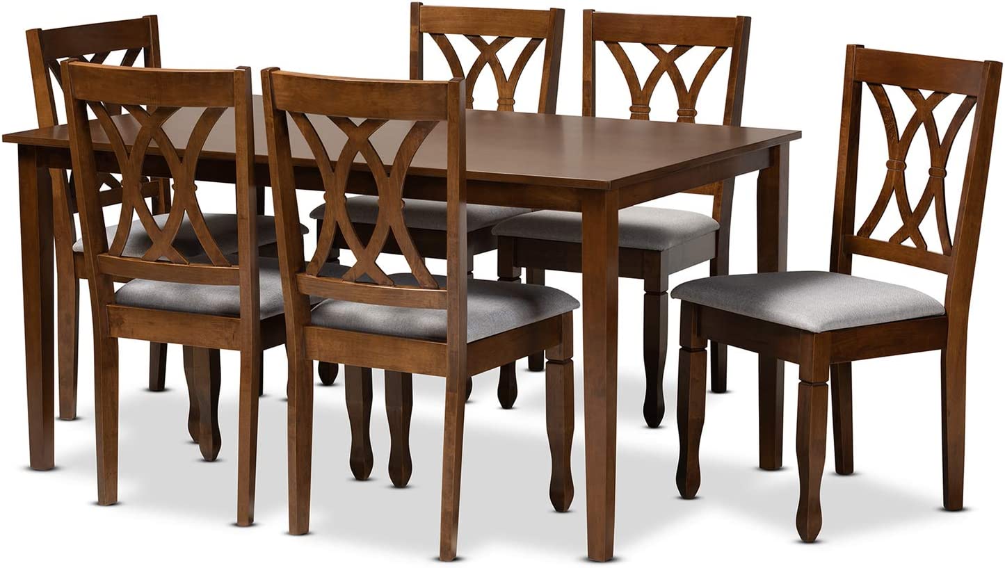 Baxton Studio Augustine Modern and Contemporary Grey Fabric Upholstered and Walnut Brown Finished Wood 7-Piece Dining Set