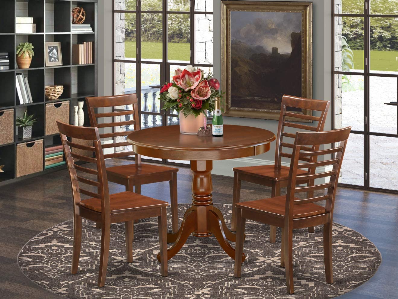 East West Furniture 5Pc Round 36 Inch Family Table And Four Wood Seat Chairs, 5, Mahogany