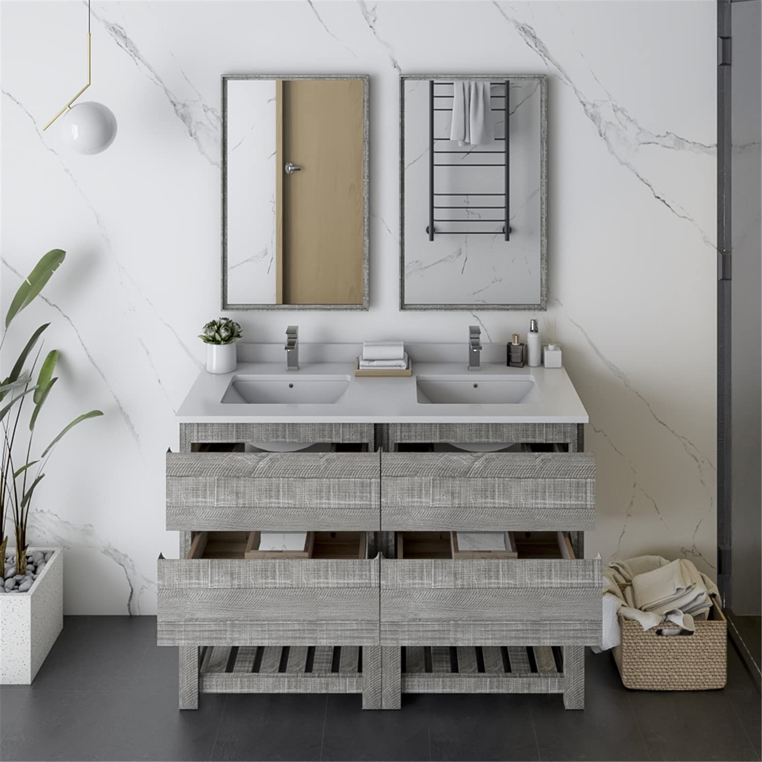 Fresca Formosa 48&#34; Floor Standing Double Sink Modern Bathroom Vanity w/Open Bottom &amp; Mirrors in Ash