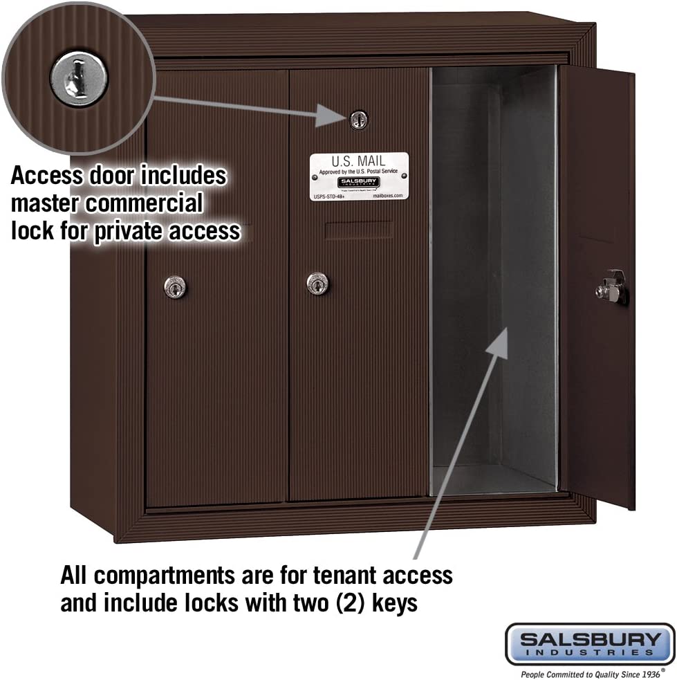 Salsbury Industries 3503ZSP Surface Mounted Vertical Mailbox with Master Commercial Lock, Private Access and 3 Doors, Bronze