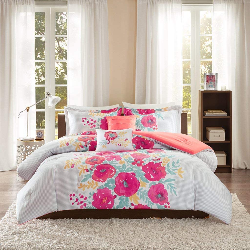 Intelligent Design Elodie Comforter Set Full/Queen Size - Coral, Pink, Grey, Floral ‚Äì 5 Piece Bed Sets ‚Äì Ultra Soft Microfiber Teen Bedding for Girls Bedroom