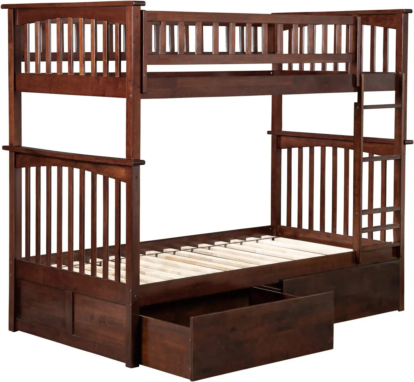 Columbia Bunk Bed Twin over Twin with 2 Urban Bed Drawers in Walnut