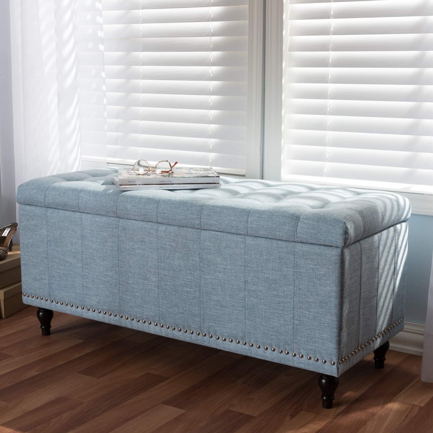 Baxton Studio Kaylee Modern Classic Light Blue Fabric Upholstered Button-Tufting Storage Ottoman Bench