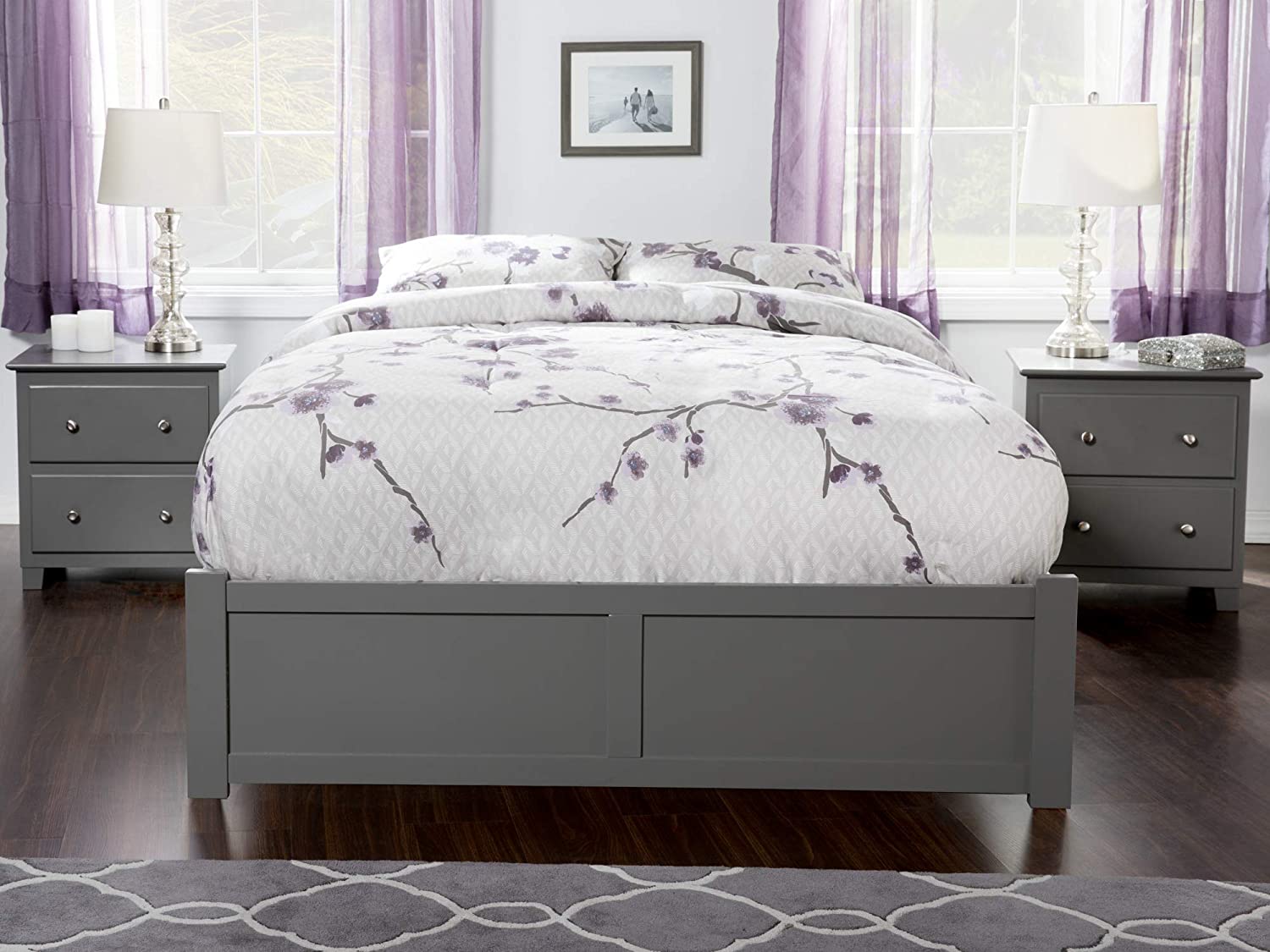 Concord Queen Platform Bed with Footboard and Twin Extra Long Trundle in Grey