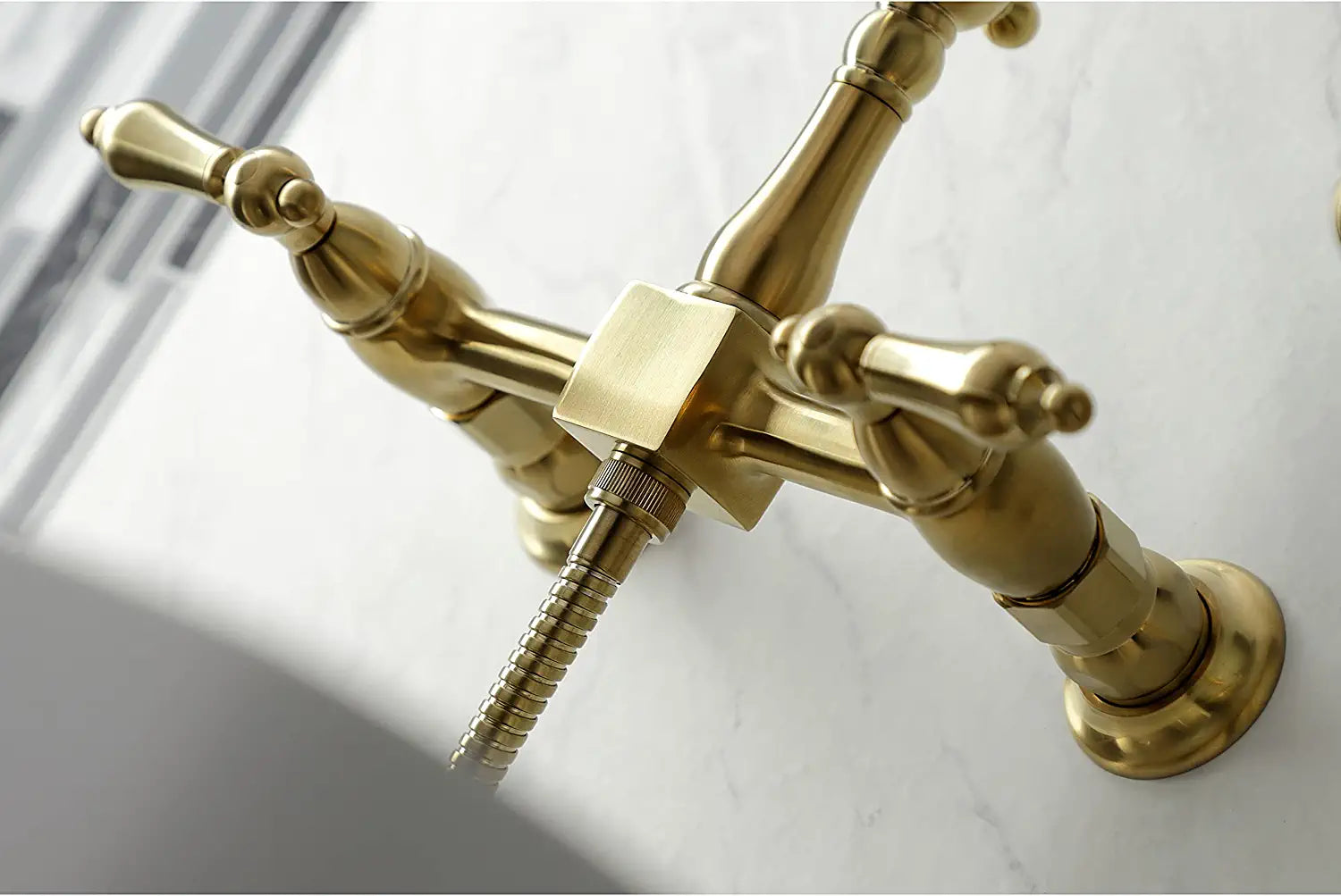 Kingston Brass KS1267ALBS Heritage 8-Inch Centerset Wall Mount Kitchen Faucet with Brass Sprayer, Brushed Brass