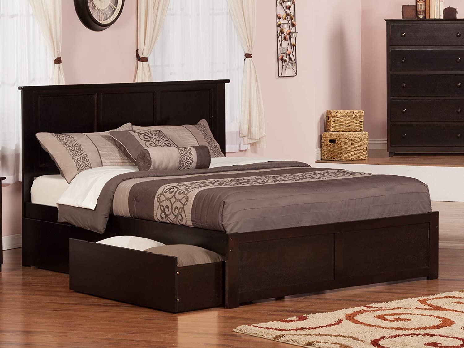 Atlantic Furniture Madison King Platform Bed with Flat Panel Foot Board and 2 Urban Bed Drawers in Espresso Espresso/King