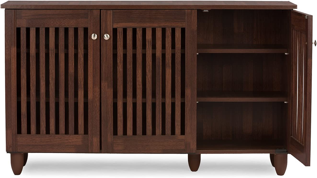 Baxton Studio Wholesale Interiors Fernanda Modern and Contemporary 3-Door Oak Brown Wooden Entryway Shoes Storage Wide Cabinet