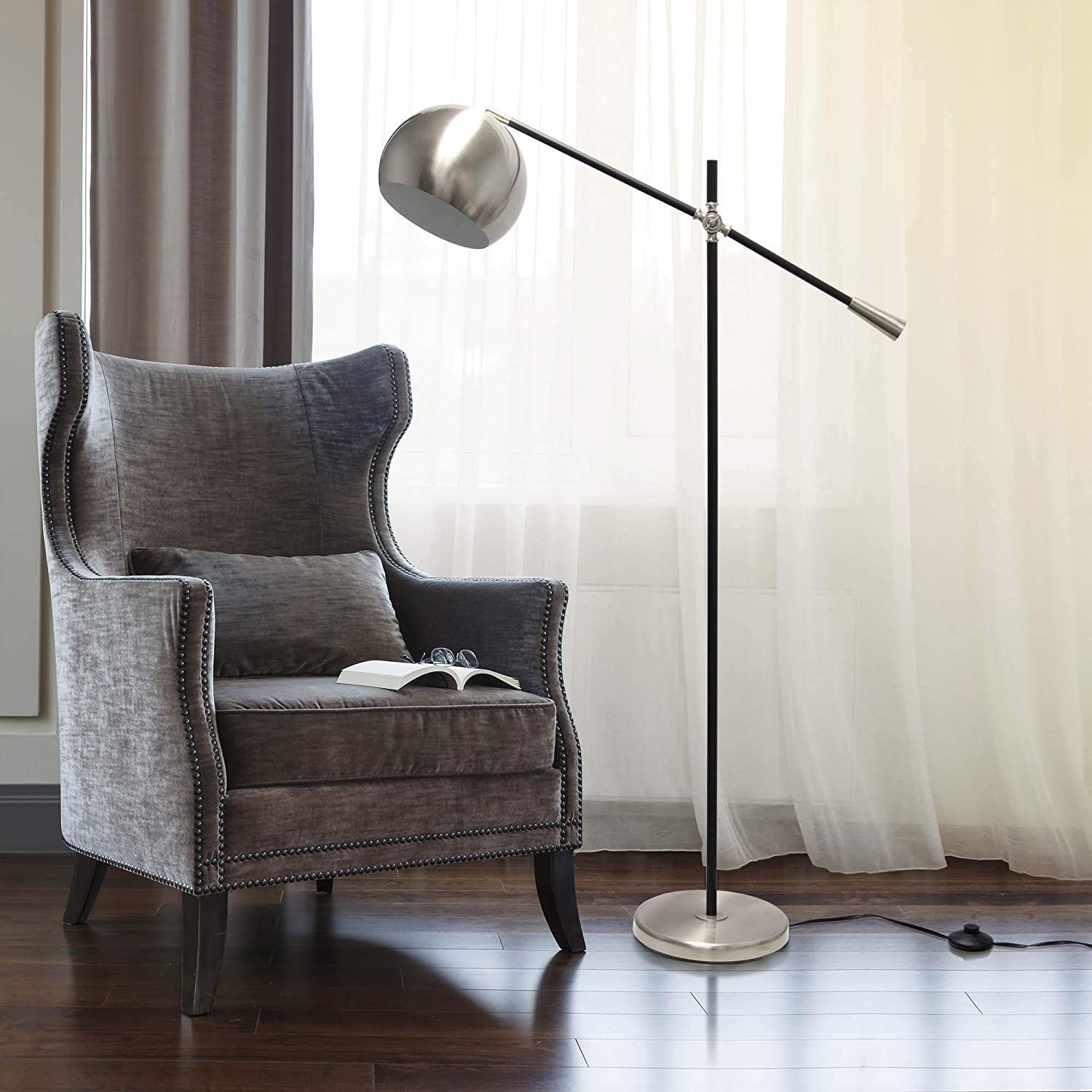 Lalia Home Decorative Black Matte Swivel Floor Lamp with Inner White Dome Shade, Brushed Nickel