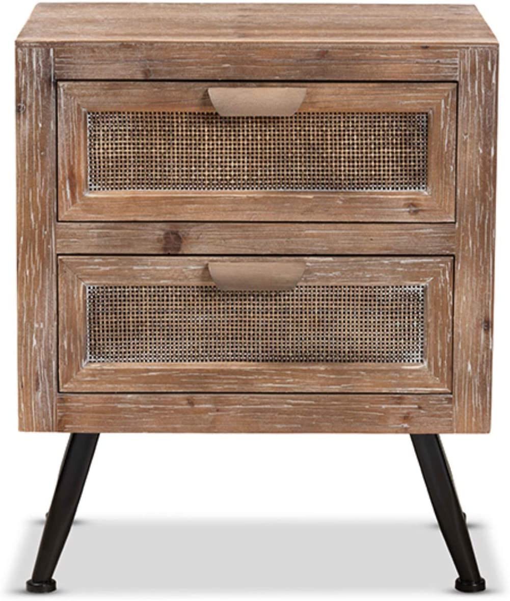 Baxton Studio Calida Mid-Century Modern Whitewashed Natural Brown Finished Wood and Rattan 2-Drawer Nightstand