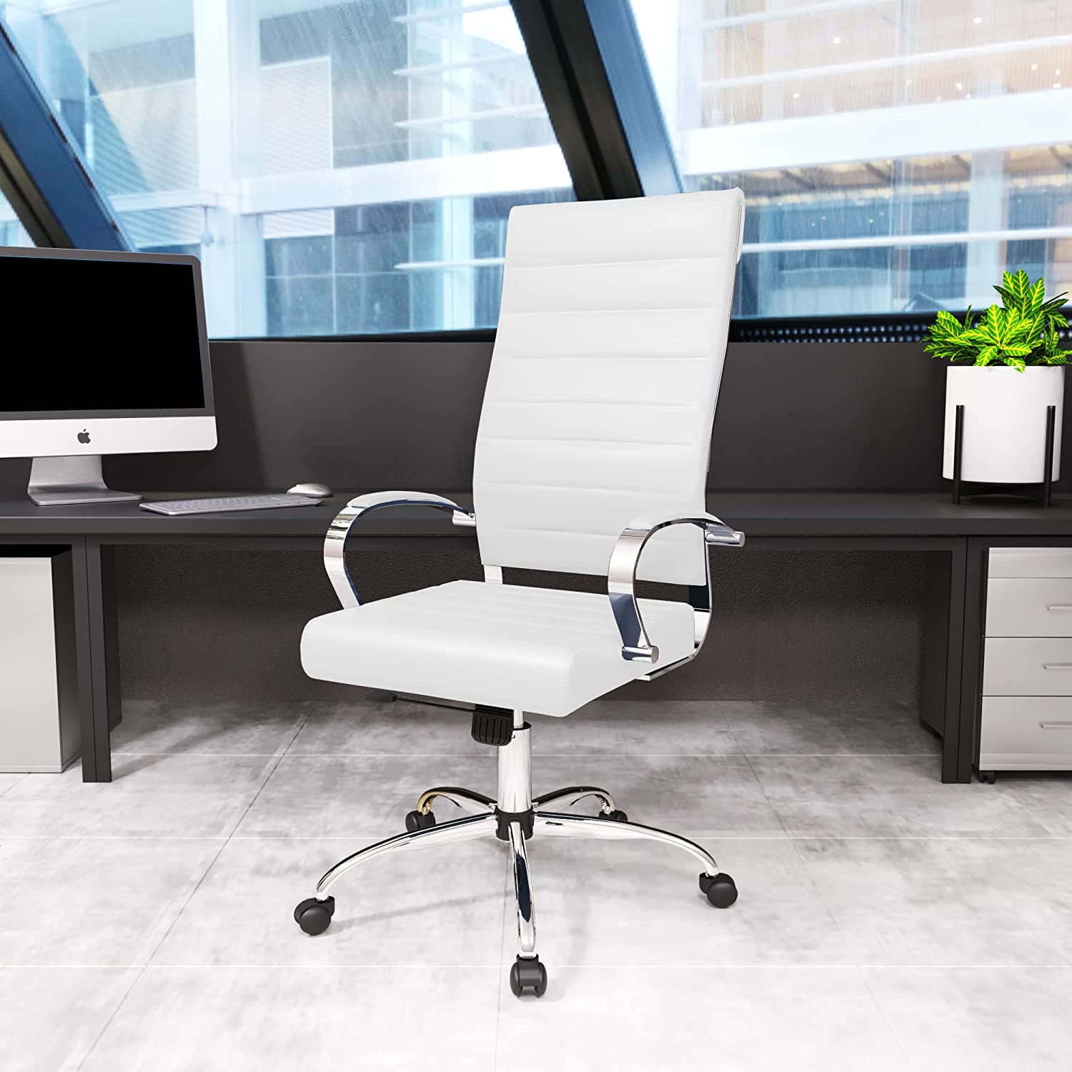 LeisureMod Benmar Modern High-Back Adjustable Swivel Leather Office Chair, White