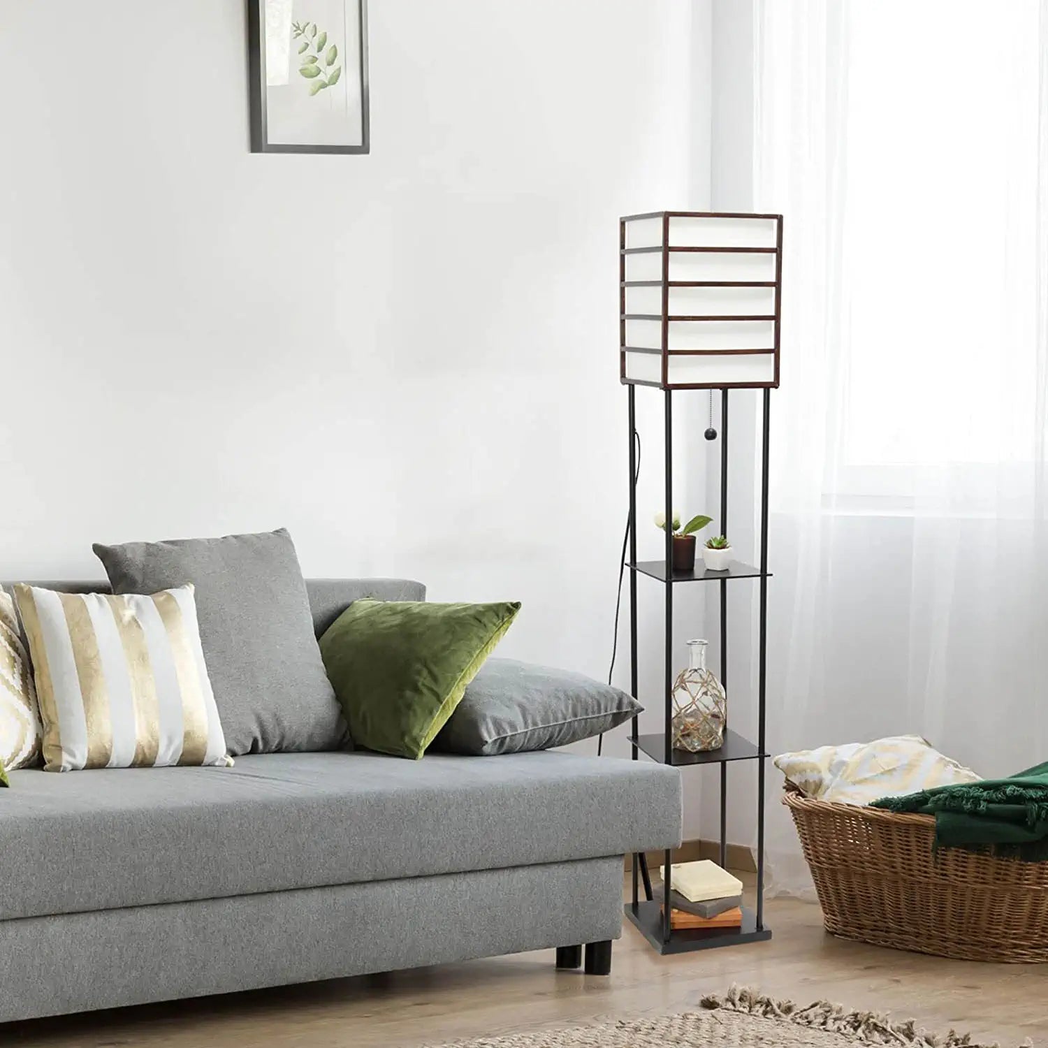 Lalia Home 1 Light Metal Etagere Floor Lamp with Storage Shelves and Linen Shade - Dark Wood