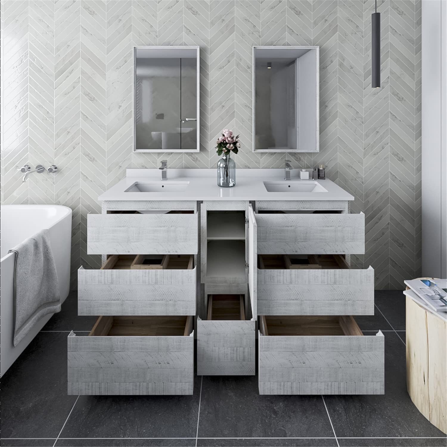 Fresca Formosa 60&#34; Floor Standing Double Sink Modern Bathroom Vanity w/Mirrors in Rustic White