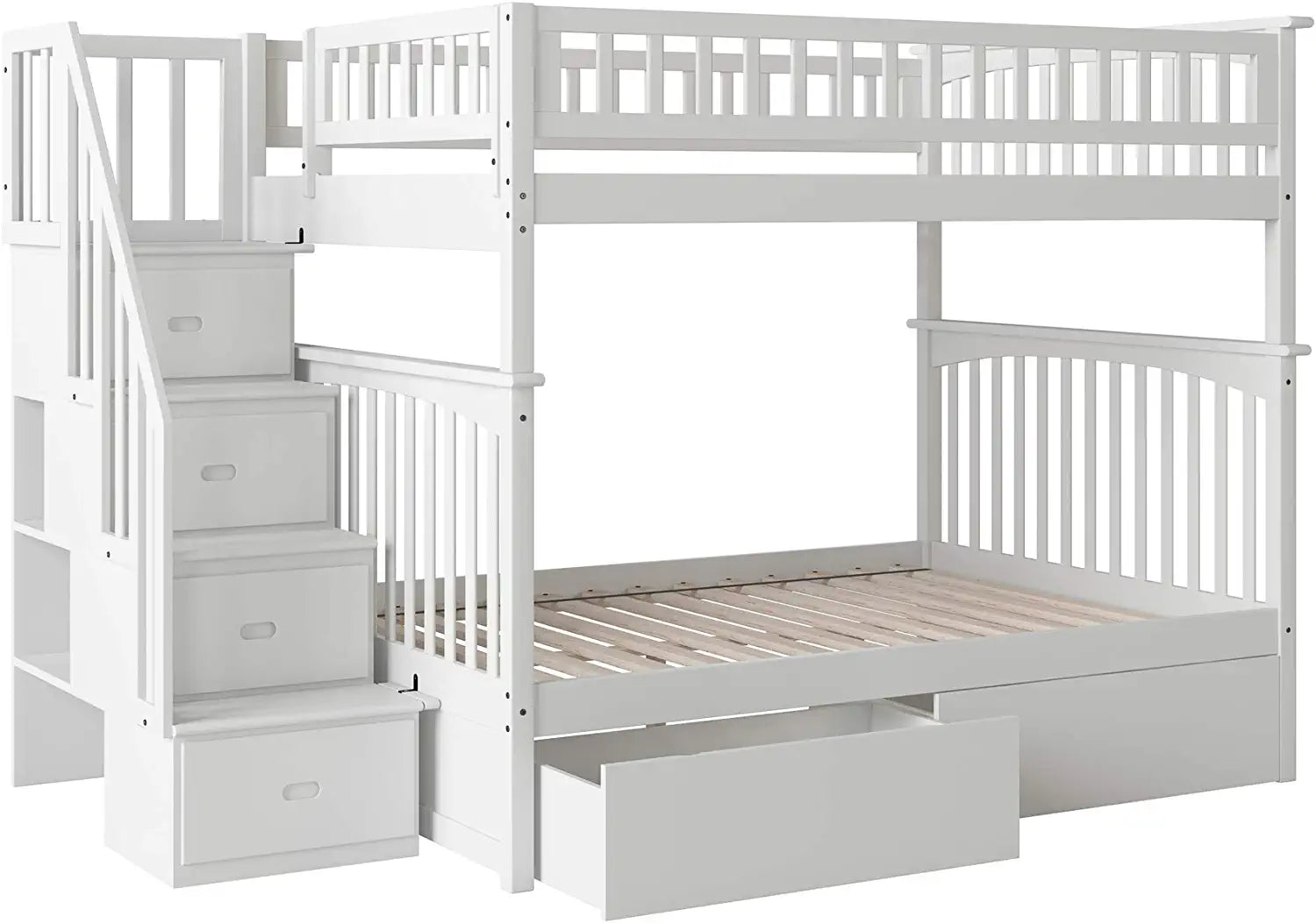 AFI Columbia Staircase Bunk with Turbo Charger and Urban Bed Drawers, Full/Full, White