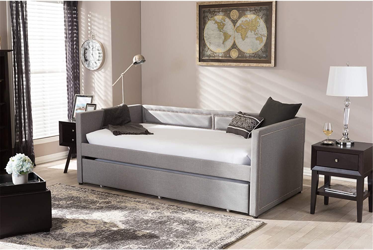 Baxton Studio Raymond Modern and Contemporary Grey Fabric Nail Heads Trimmed Sofa Twin Daybed with Roll-Out Trundle Guest Bed