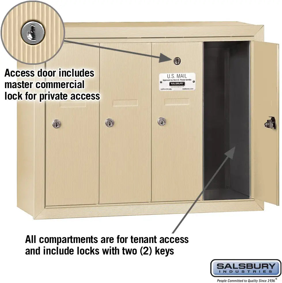 Salsbury Industries 3504SSP Surface Mounted Vertical Mailbox with Master Commercial Lock, Private Access and 4 Doors, Sandstone