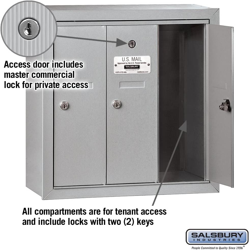 Salsbury Industries 3503ASP Surface Mounted Vertical Mailbox with Master Commercial Lock, Private Access and 3 Doors, Aluminum