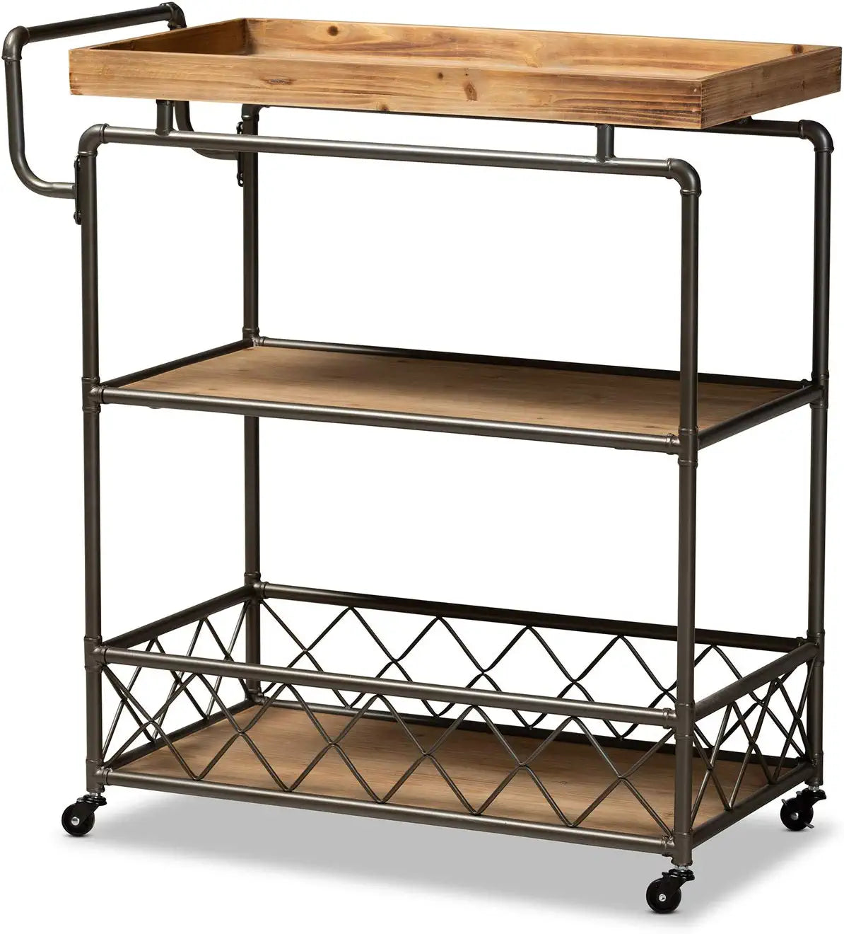 Baxton Studio Amado Rustic Industrial Farmhouse Oak Brown Finished Wood and Black Metal 3-Tier Mobile Kitchen Cart