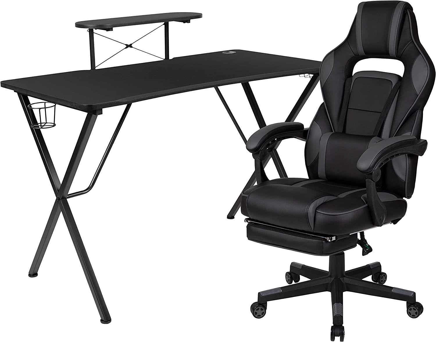 Flash Furniture Black Gaming Desk with Cup Holder/Headphone Hook/Monitor Stand & Black Reclining Back/Arms Gaming Chair with Footrest