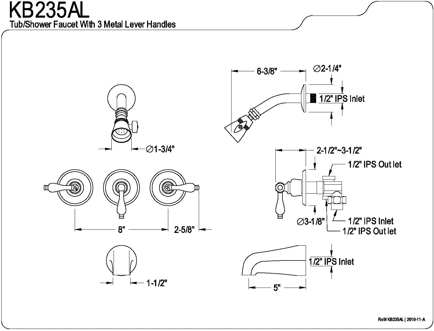 Kingston Brass KB238AL Tub and Shower Faucet with 3-Lever Handles, Satin Nickel,5-Inch Spout Reach