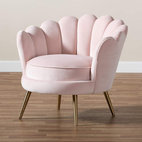 Baxton Studio Cosette Glam and Luxe Light Pink Velvet Fabric Upholstered Brushed Gold Finished Seashell Shaped Accent Chair
