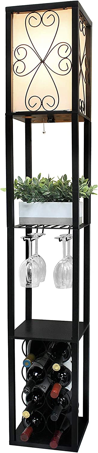 Simple Designs LF1015-BLK Etagere Organizer Storage Shelf and Wine Rack with Linen Shade Floor Lamp, Black