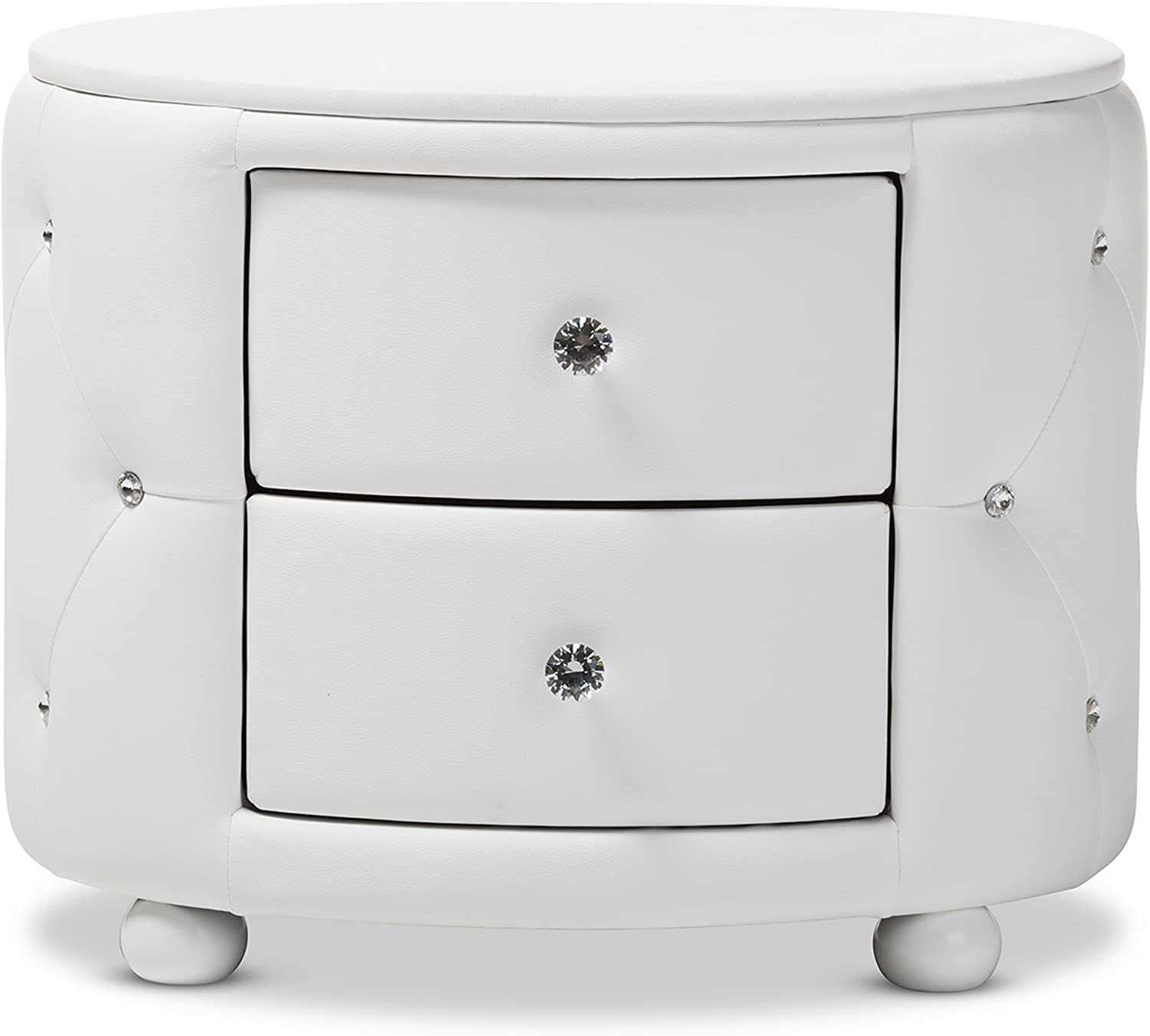 Baxton Studio Davina Hollywood Glamour Style Oval 2-Drawer Faux Leather Upholstered Nightstand, Medium, White