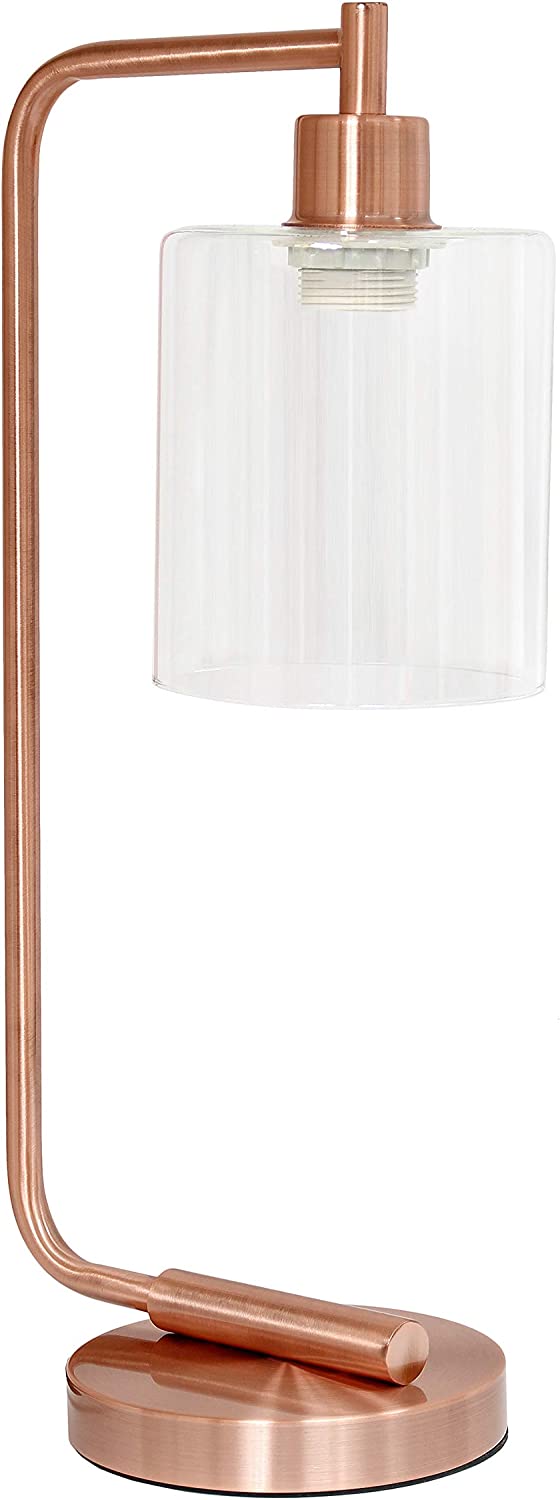 Simple Designs LD1036-RGD Bronson Antique Style Industrial Iron Lantern Glass Shade Desk Lamp, Rose Gold