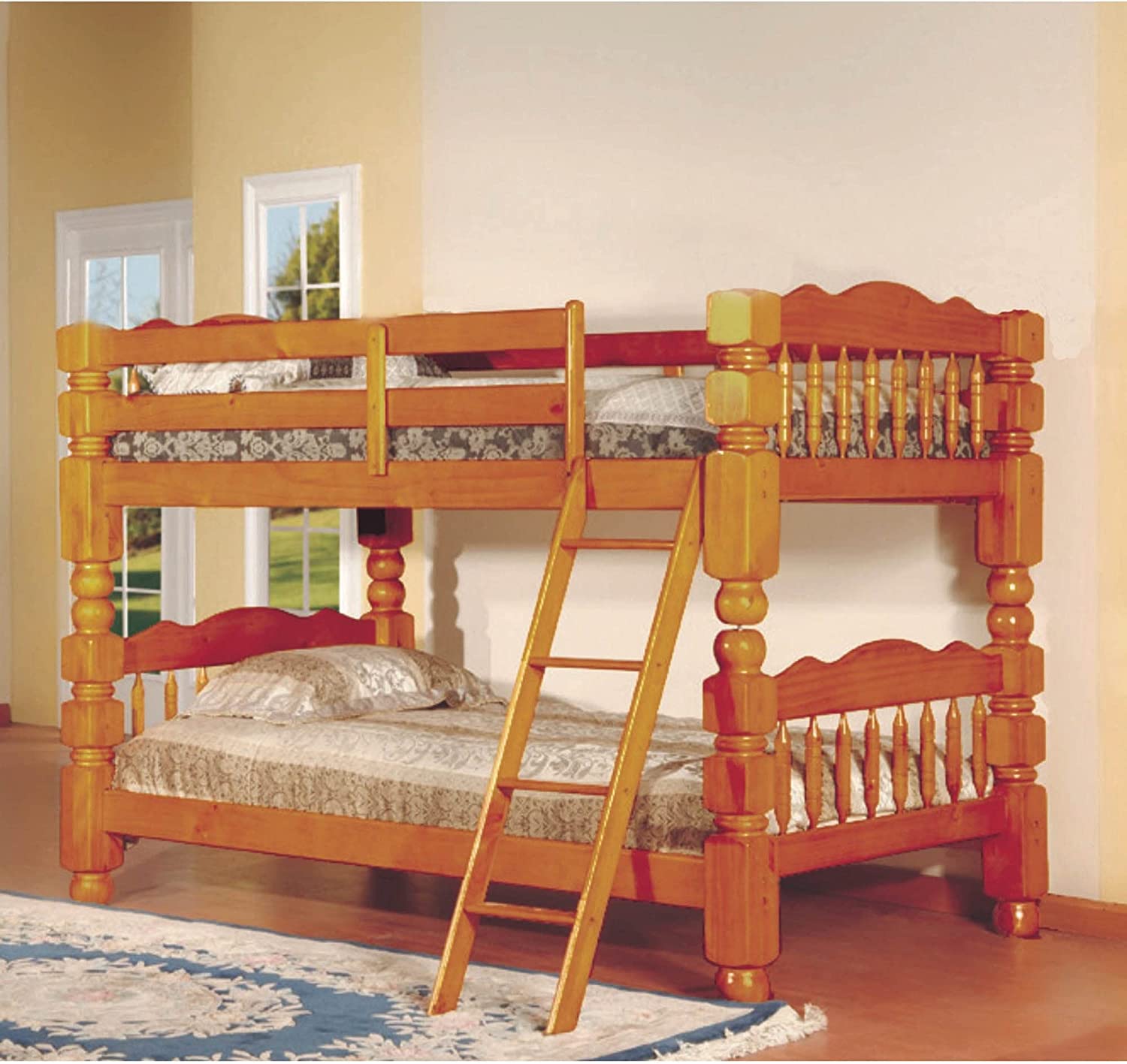 Better Home Products Andrei Twin Over Twin Solid Wood Spindle Bunk Bed Natural