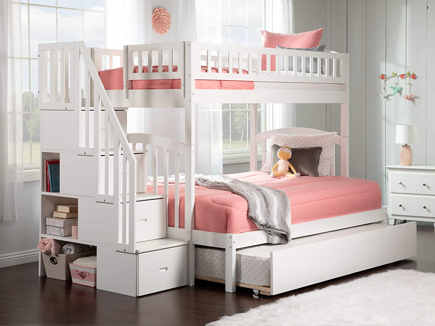 Westbrook Staircase Bunk Twin over Full with Turbo Charger and Twin Size Urban Trundle in White