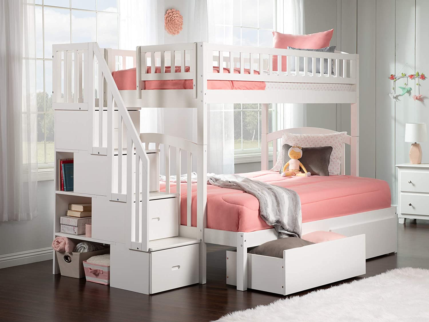 AFI Westbrook Staircase Bunk with Turbo Charger and Urban Bed Drawers, Twin/Full, White