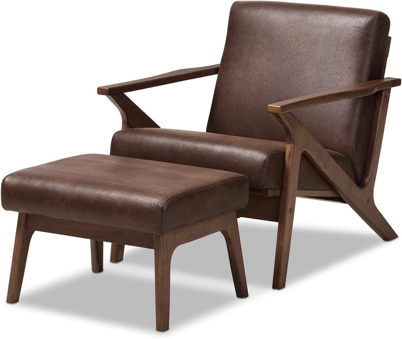 Baxton Studio Bianca Mid-Century Modern Walnut Wood Dark Brown Distressed Faux Leather Lounge Chair and Ottoman Set/Mid-Century/Dark Brown/Walnut Brown/Faux Leather/Rubber Wood