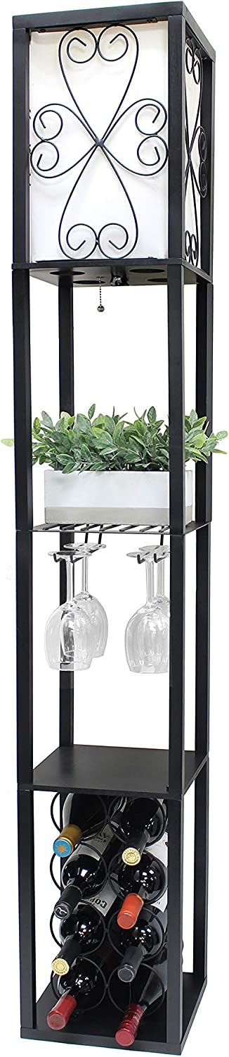 Simple Designs LF1015-BLK Etagere Organizer Storage Shelf and Wine Rack with Linen Shade Floor Lamp, Black
