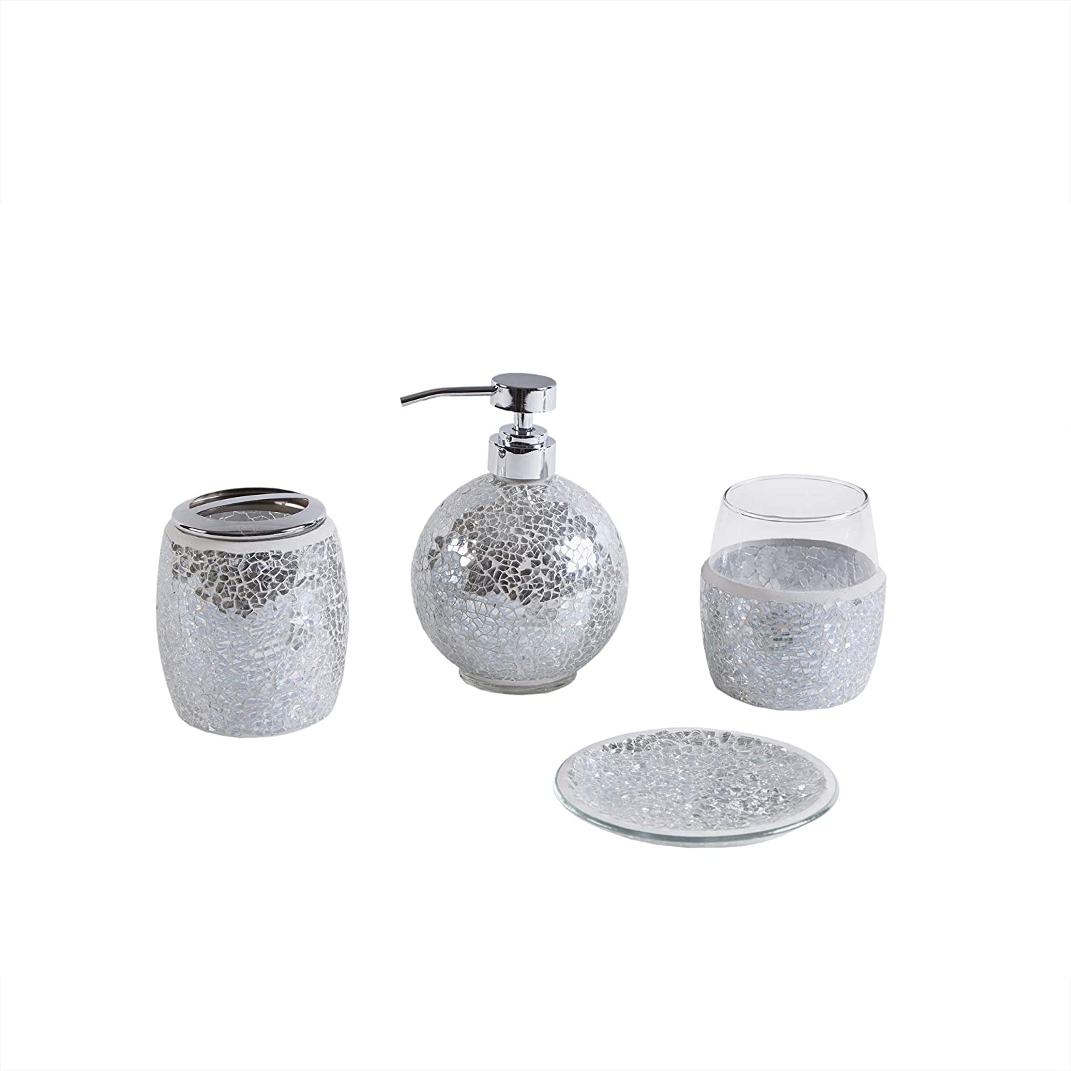 Mosaic Bathroom Accessories Set , 4 Piece Bath Accessory Sets With Silver Soap Dispenser , Toothbrush Holder , Tumbler And Ring Tray