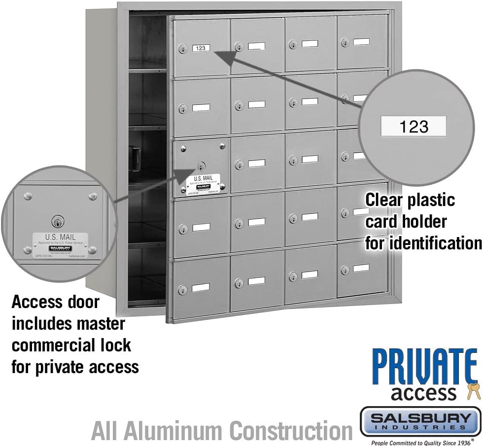 Salsbury Industries 3620AFP 4B Plus Horizontal Mailbox with Master Commercial Lock, 20 A Doors 19 Usable, Front Loading, Private Access, Aluminum