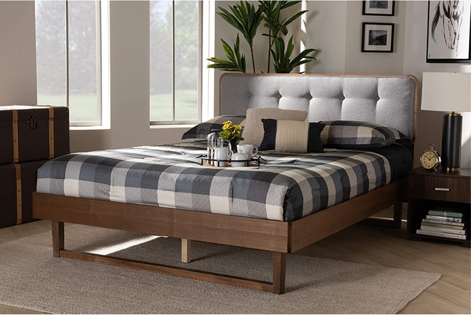 Baxton Studio Natalia Mid-Century Modern Light Grey Fabric Upholstered and Ash Walnut Finished Wood Queen Size Platform Bed