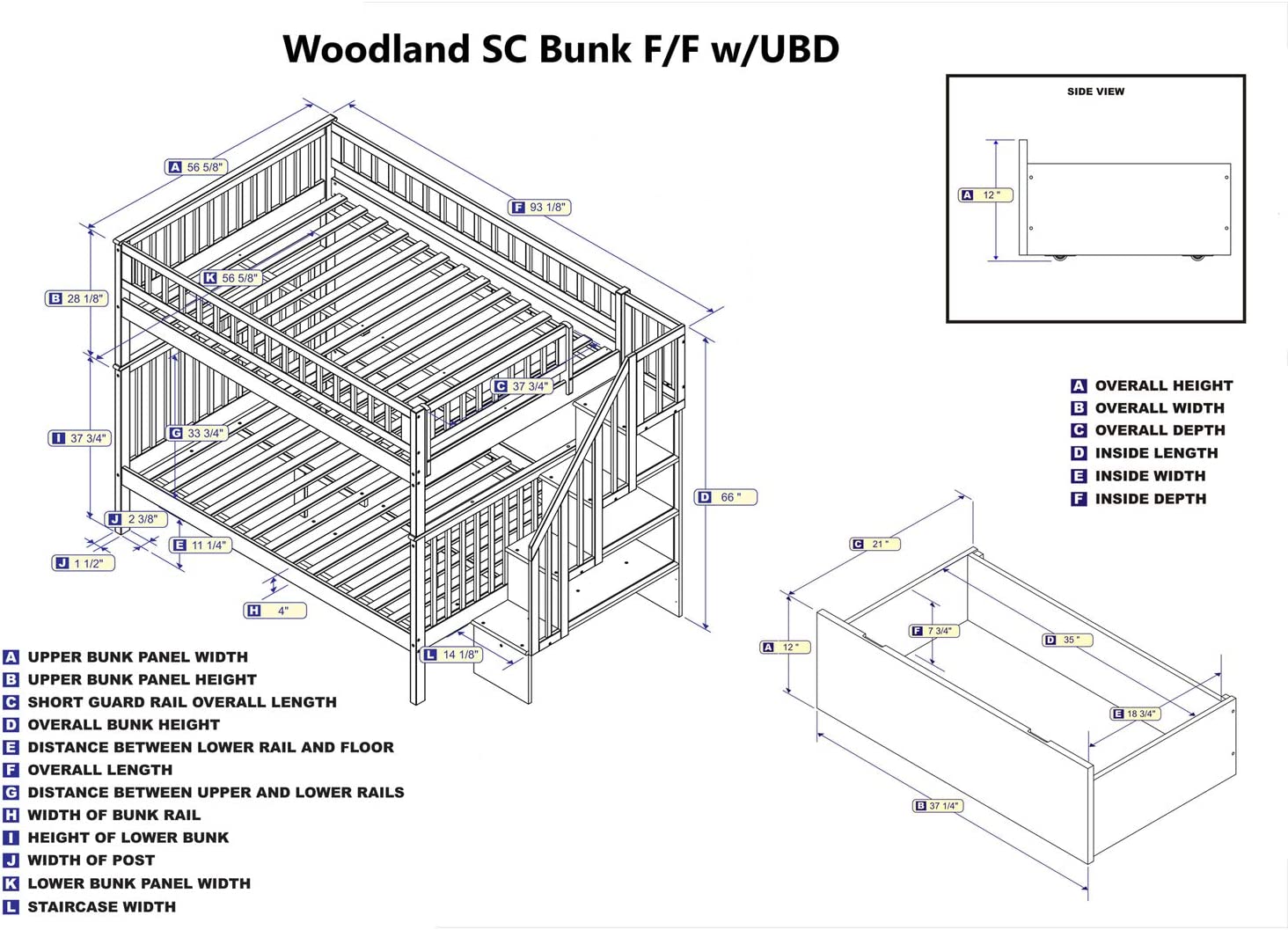 Atlantic Furniture Woodland Staircase Bunk Bed Full Over Full with Twin Size Urban Trundle Bed in Grey