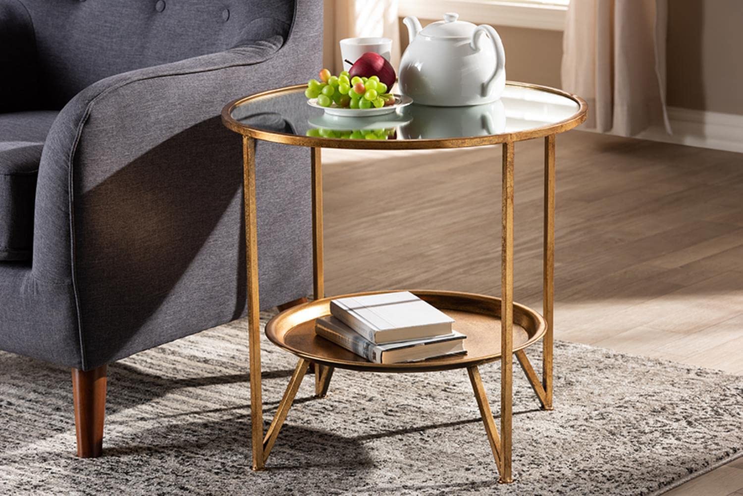 Baxton Studio Tamsin Modern and Contemporary Antique Gold Finished Metal and Mirrored Glass Accent Table with Tray Shelf