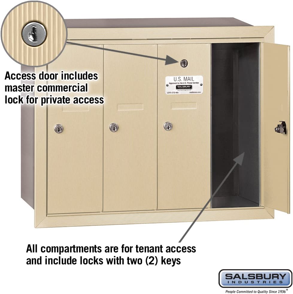 Salsbury Industries 3504SRP Recessed Mounted Vertical Mailbox with Master Commercial Lock, Private Access and 4 Doors, Sandstone