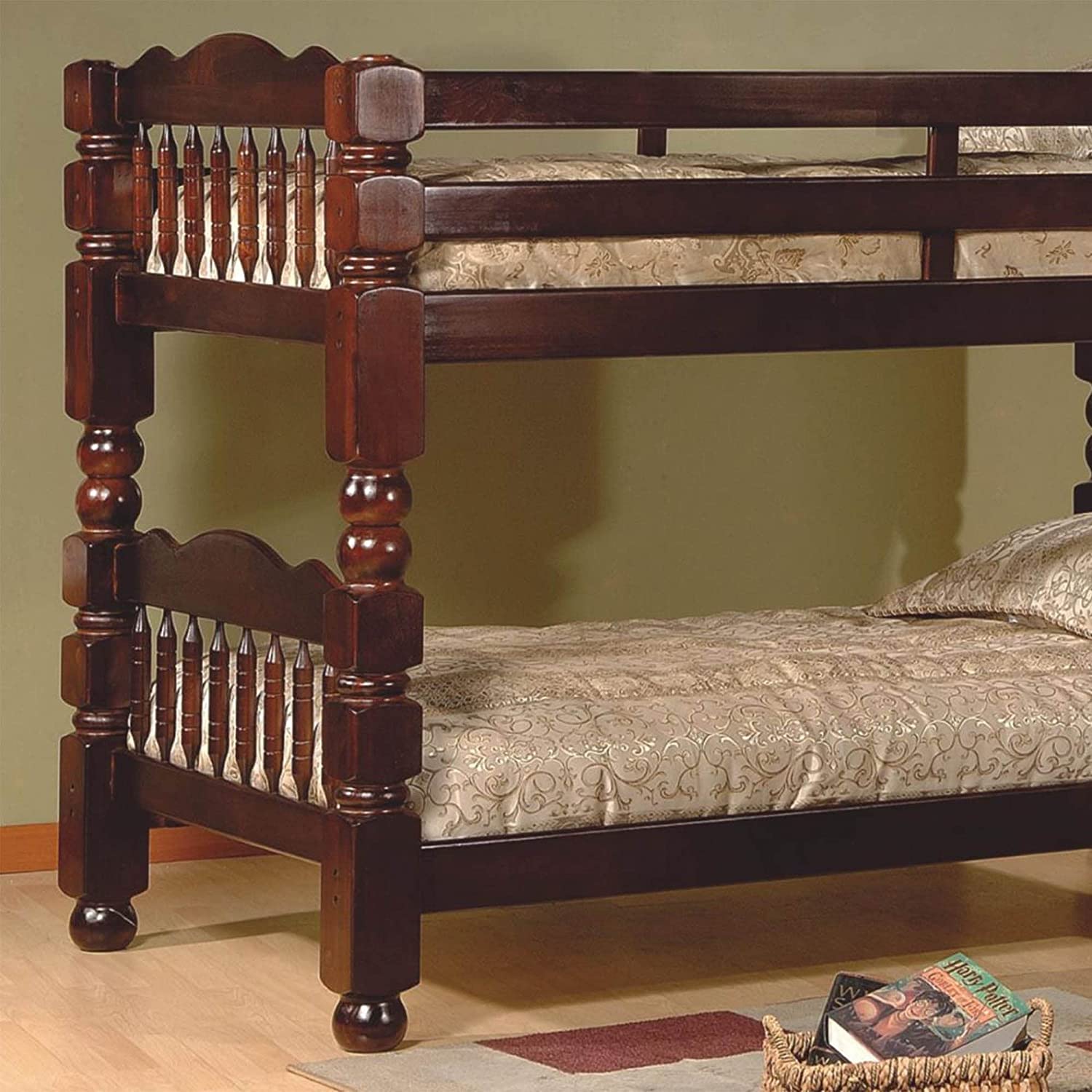 Better Home Products Andrei Twin Over Twin Solid Wood Spindle Bunk Bed Tobacco